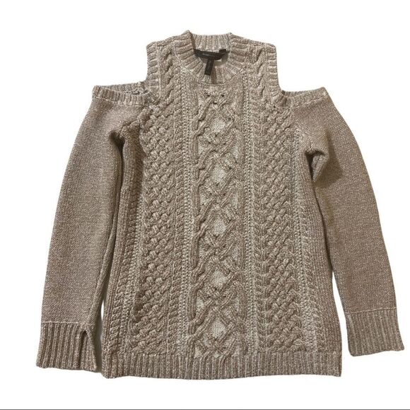 BCBGMaxAzria Cold Shoulder Champagne, Cream & Silver Metallic Arlene Sweater - Picture 2 of 6
